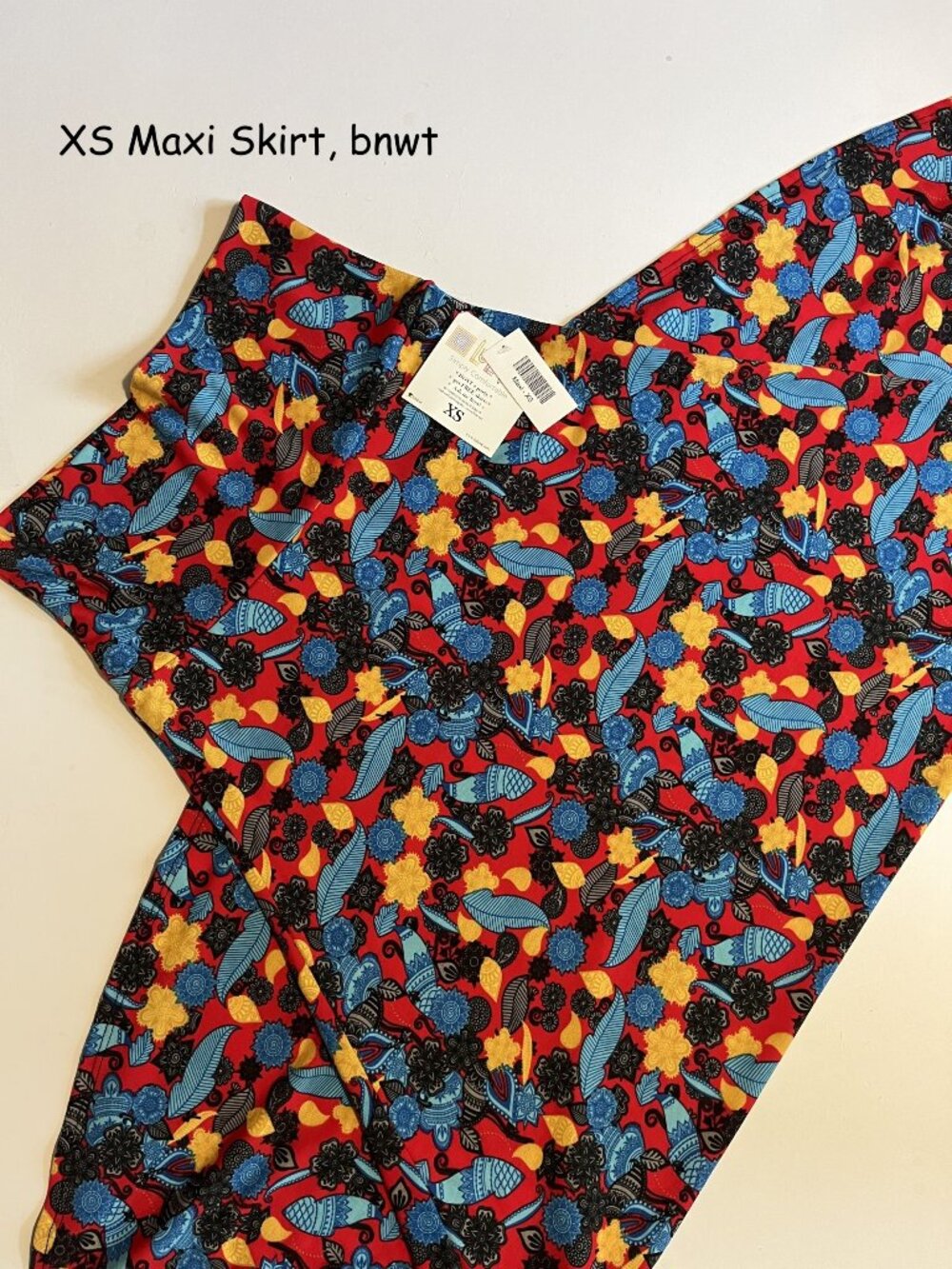 XS Lularoe Maxi Skirt, red with blue, black, yellow flowers and paisleys